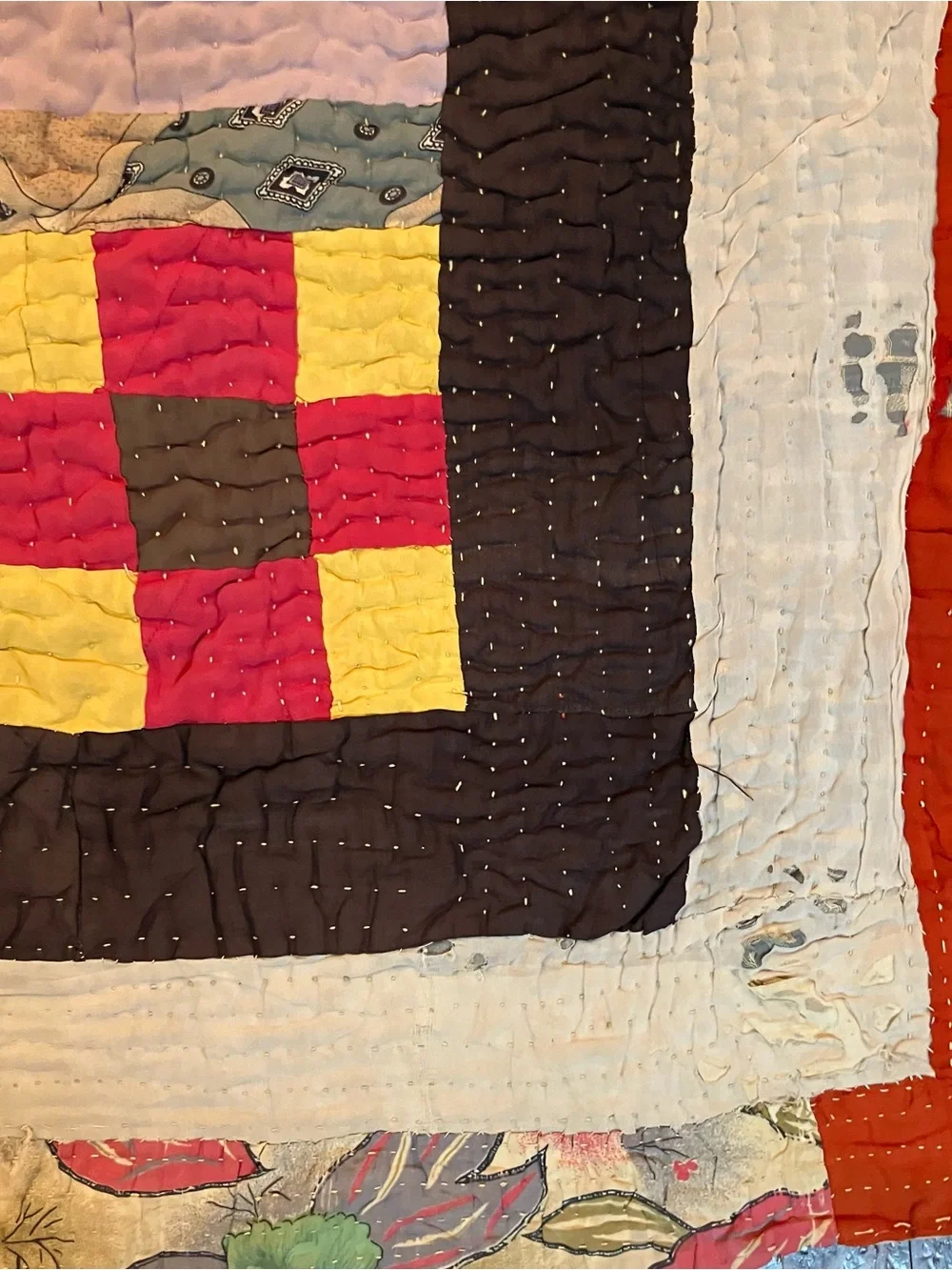 VTG Handmade Hand Quilted 9 Patch Kantha Scrap 60x84 Twin Throw Quilt Farmhouse